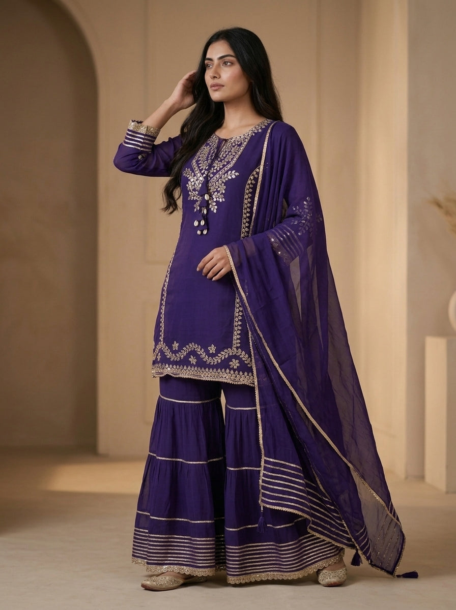 Purple Gota Patti Embroidered Kurta Sharara Set with Dupatta