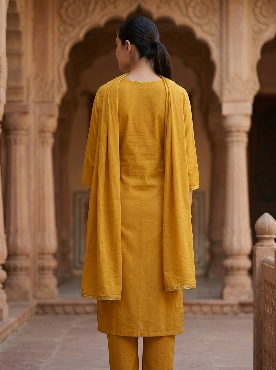 Mustard Yellow Floral Embroidered Cotton Kurta Set for Women – Straight Suit with Dupatta