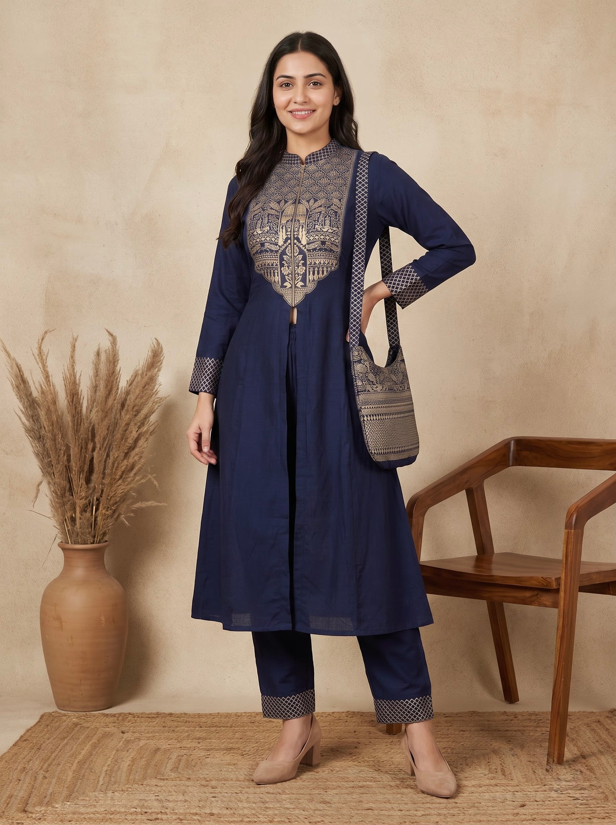 Navy Blue Gold Foil Print Premium  Front-Slit Kurta Set