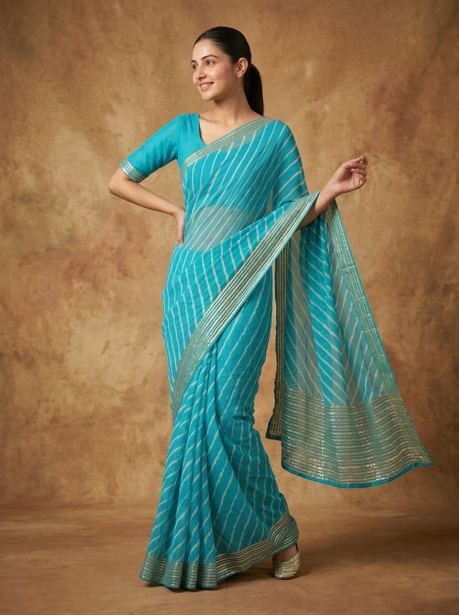 Turquoise Blue Leheriya Modal Silk Saree for Women with Zari Border & Blouse Piece