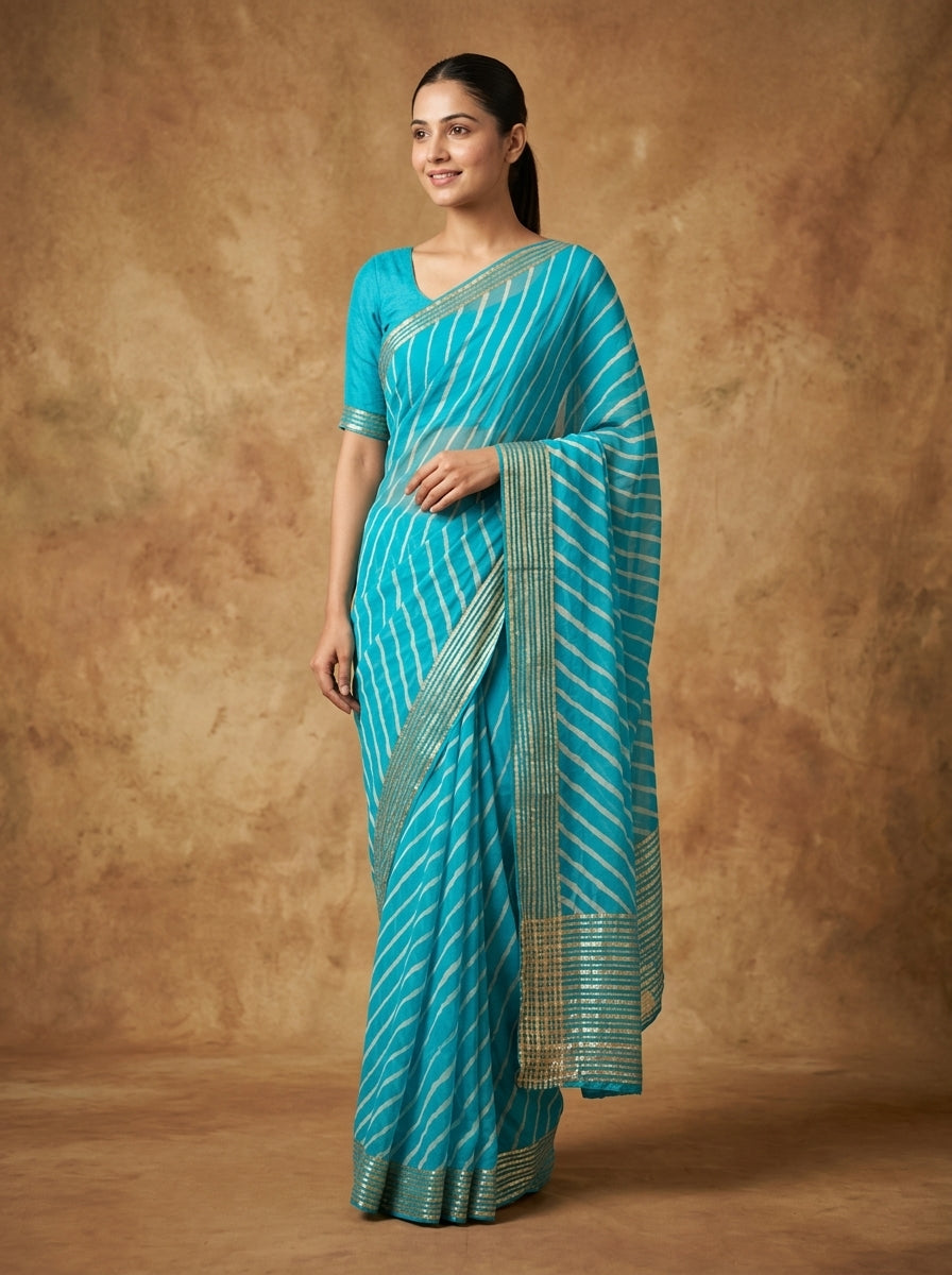 Turquoise Blue Leheriya Modal Silk Saree for Women with Zari Border & Blouse Piece