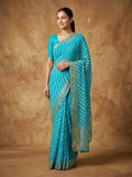 Turquoise Blue Leheriya Modal Silk Saree for Women with Zari Border & Blouse Piece