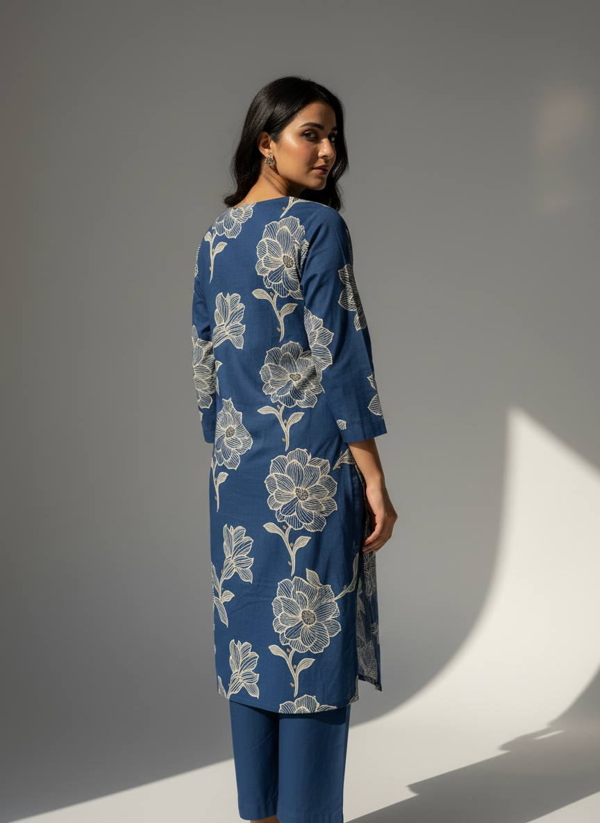 Blue Floral Cotton Kurta Set for Women – Printed Daily Wear Suit with Dupatta