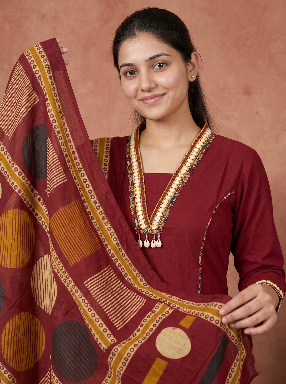 Maroon Premium Cotton Kurta Set with Embellished Neck & Printed Dupatta