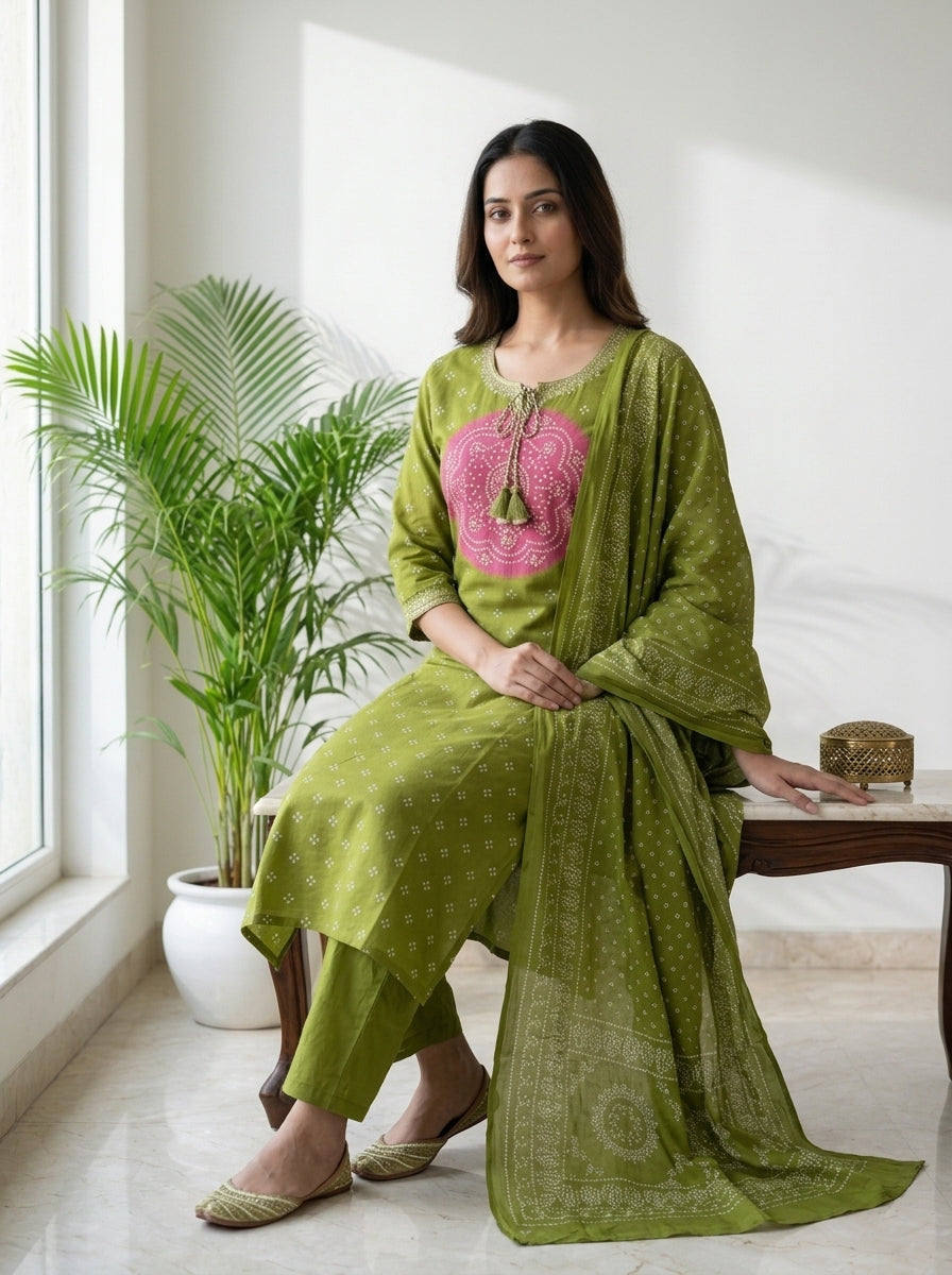 Mehndi Green Bandhani Print Cotton Kurta Pant Set with Dupatta