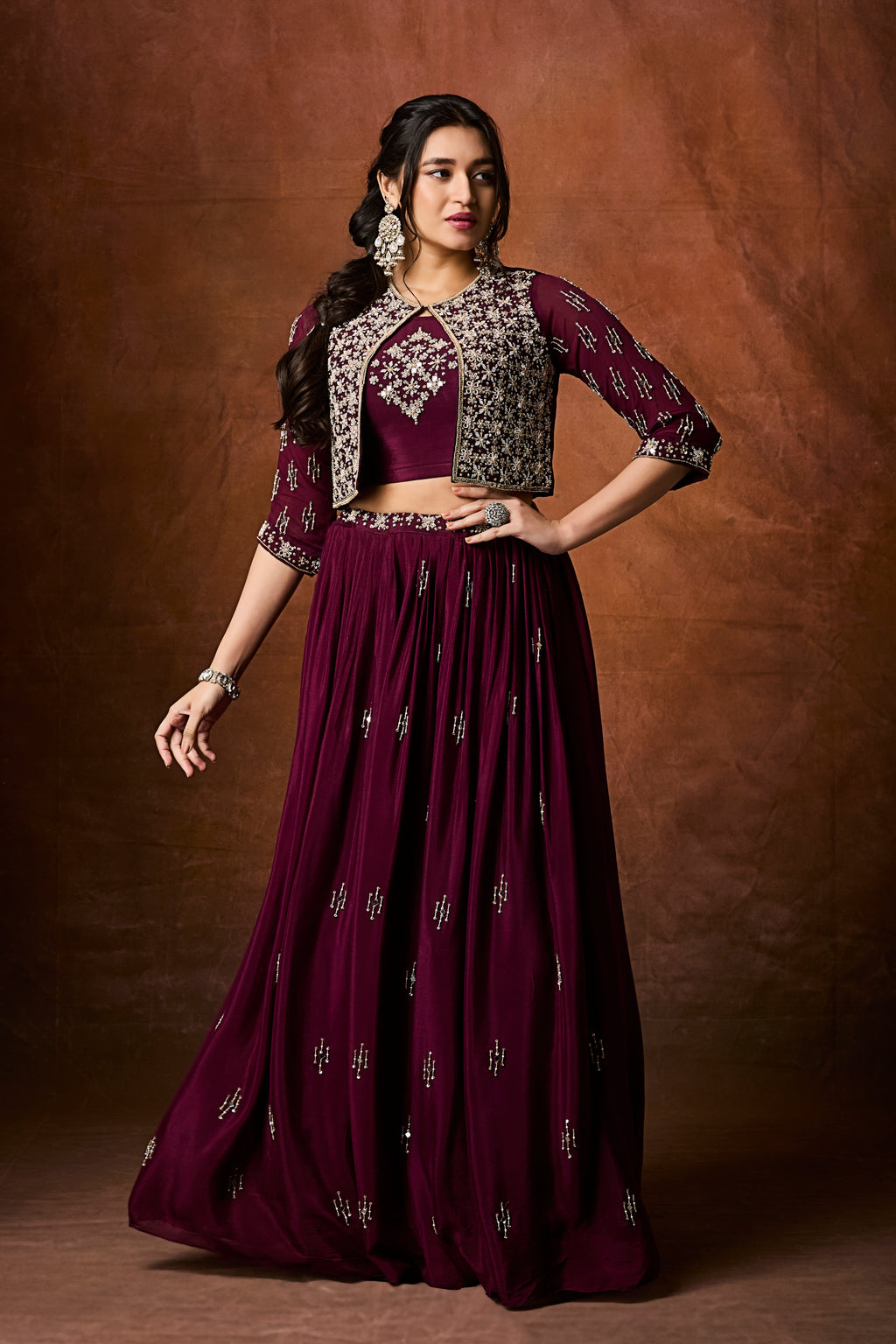Royal Plum Three-Piece Lehenga Set with Sequin Embroidery