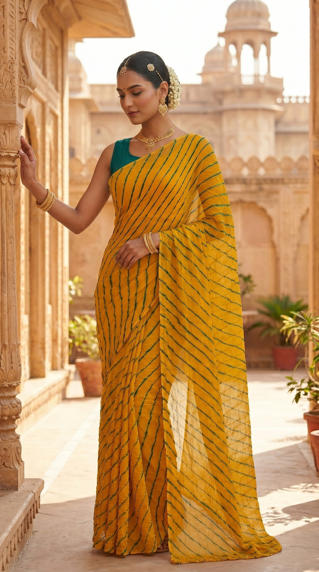 Mustard Yellow & Green Leheriya Georgette Saree with Blouse Piece