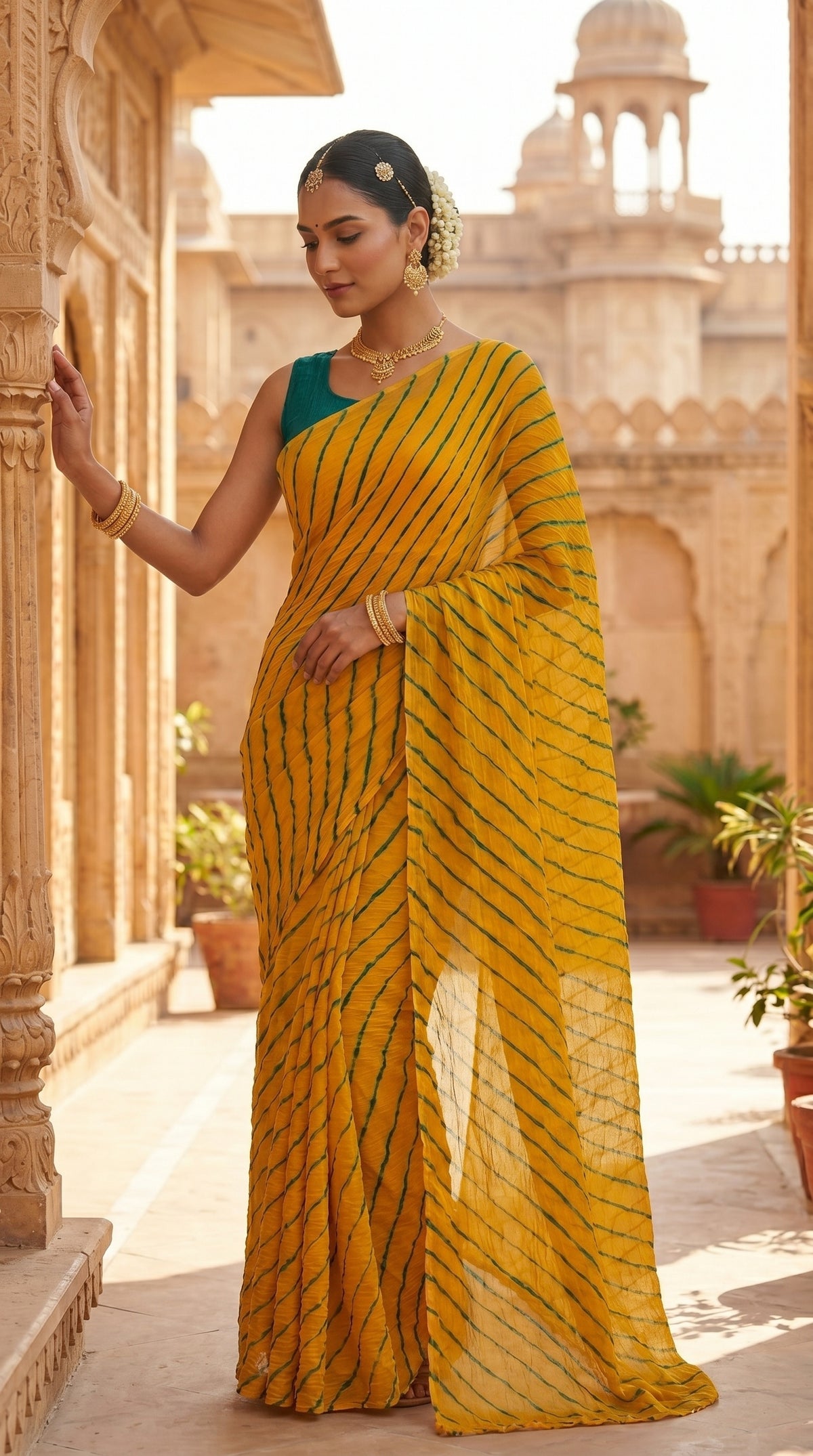 Mustard Yellow & Green Leheriya Georgette Saree with Blouse Piece