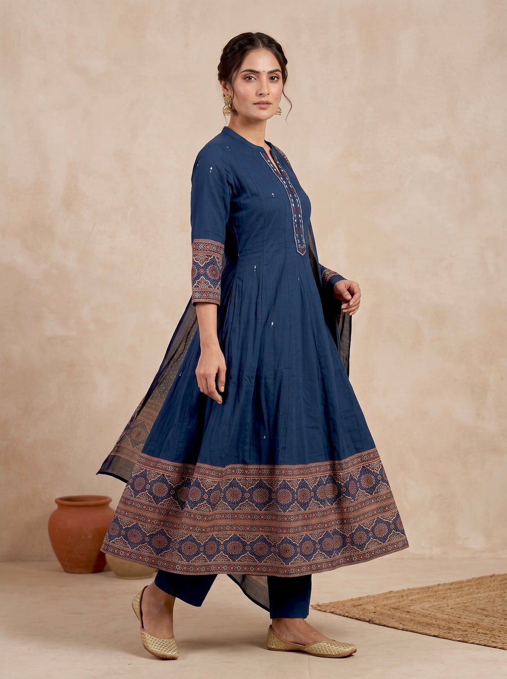Navy Ajrakh Border Cotton Anarkali Set