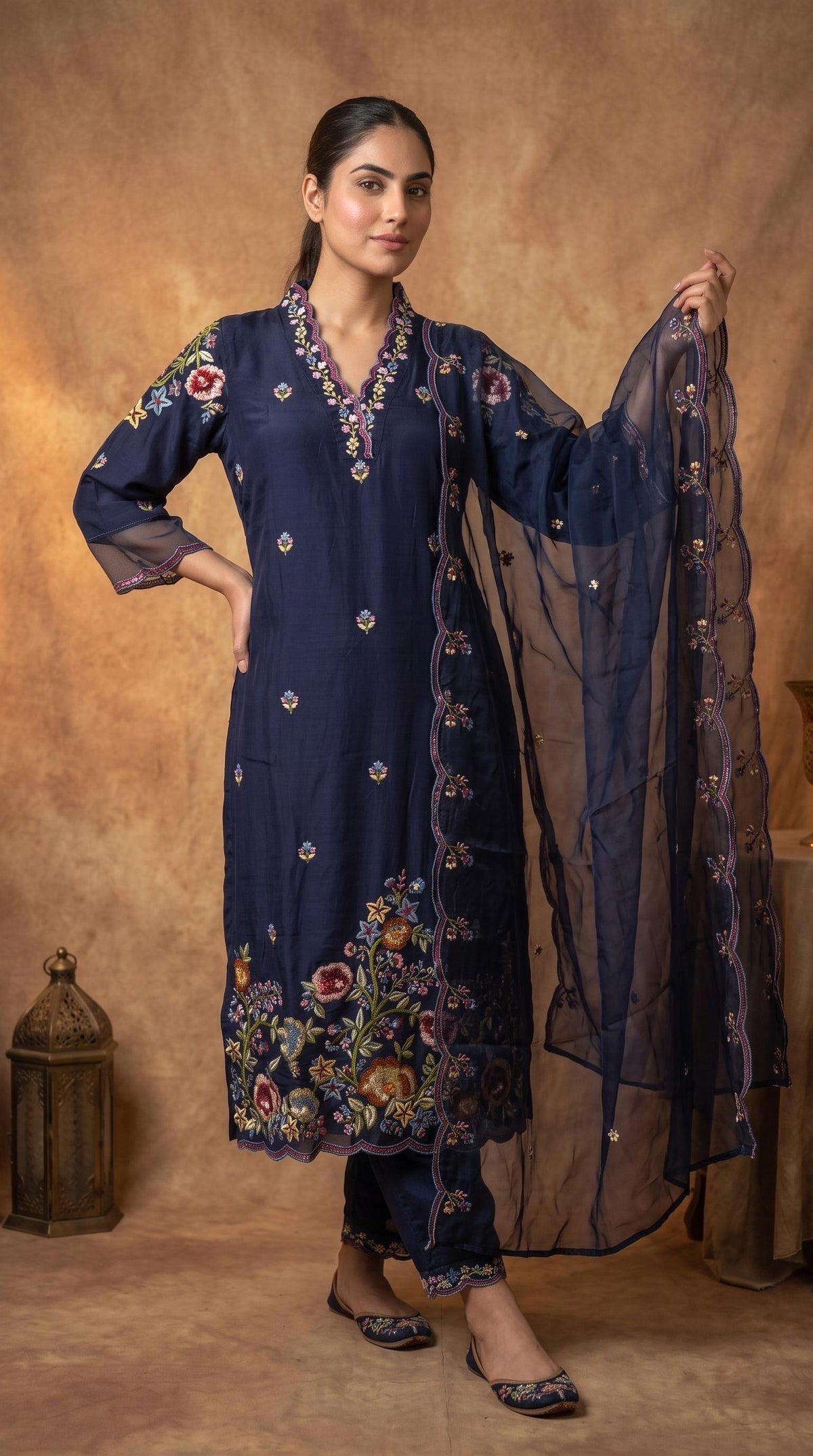 Navy Blue Embroidered Suit Set with Organza Dupatta | Label RS