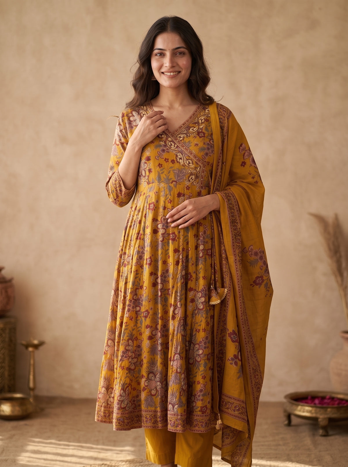 Mustard Kalamkari Print Anarkali Kurta Set with Dupatta