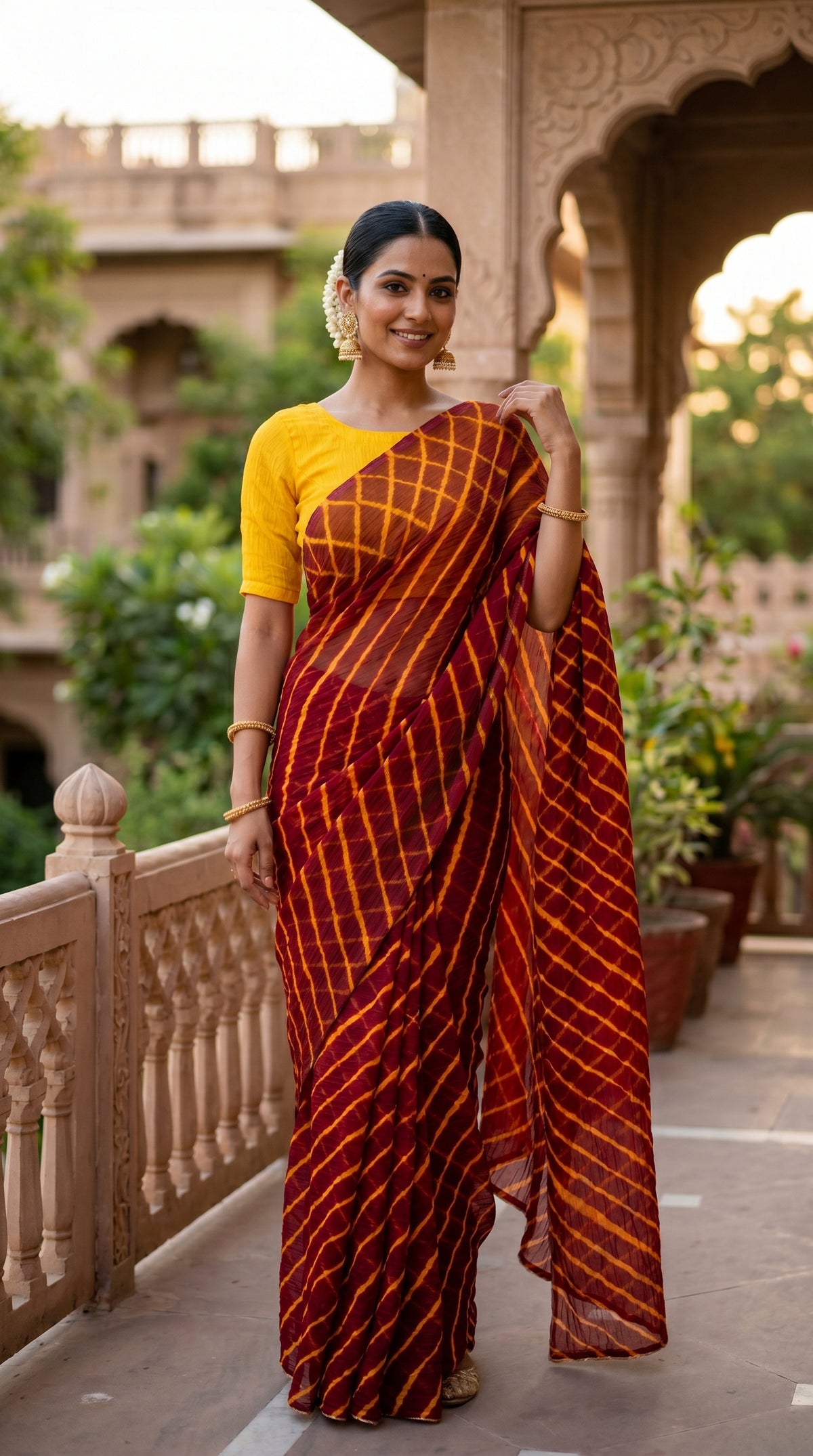 Maroon & Mustard Leheriya Georgette Saree with Blouse Piece