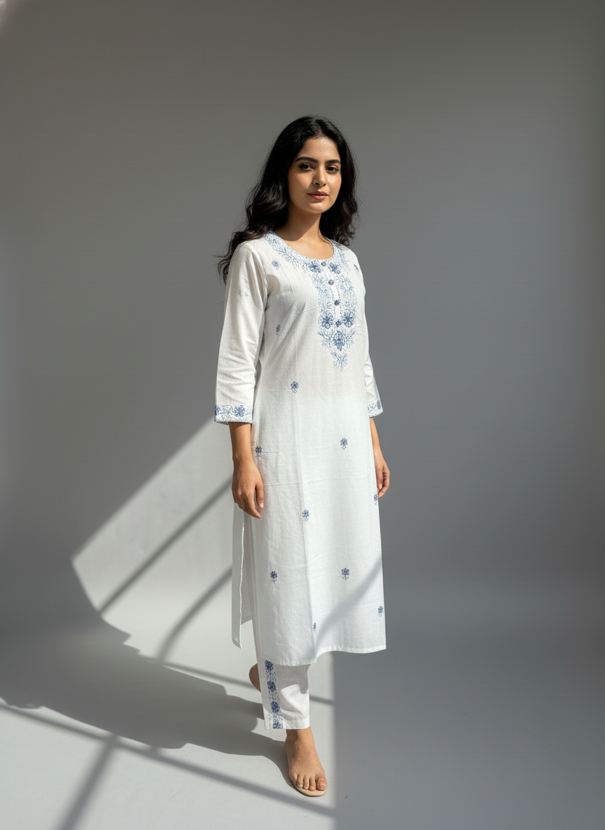 White Chikankari Cotton Kurta Set for Women – Embroidered Daily Wear Suit