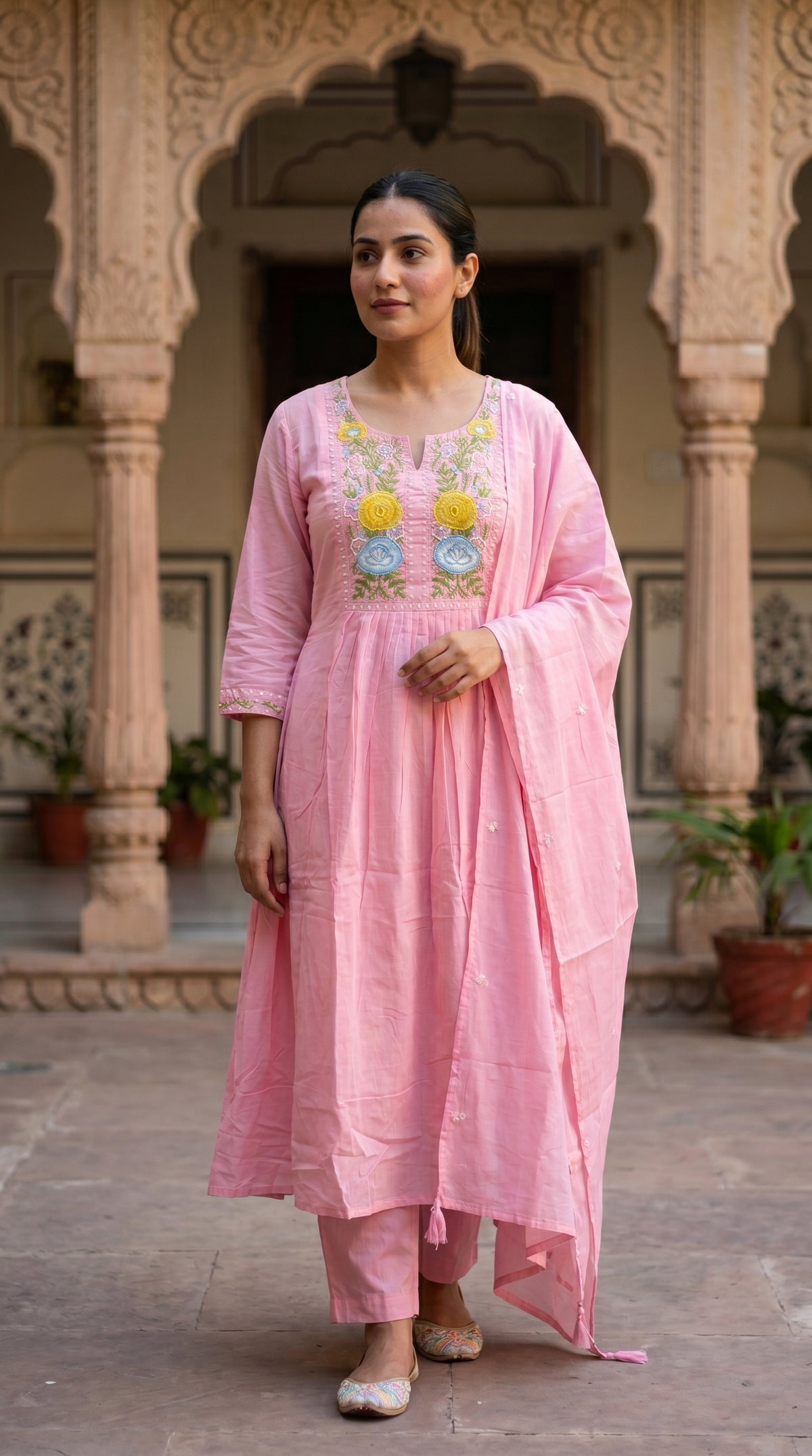 Blush Pink Floral Embroidered Mal Cotton A-Line Suit Set