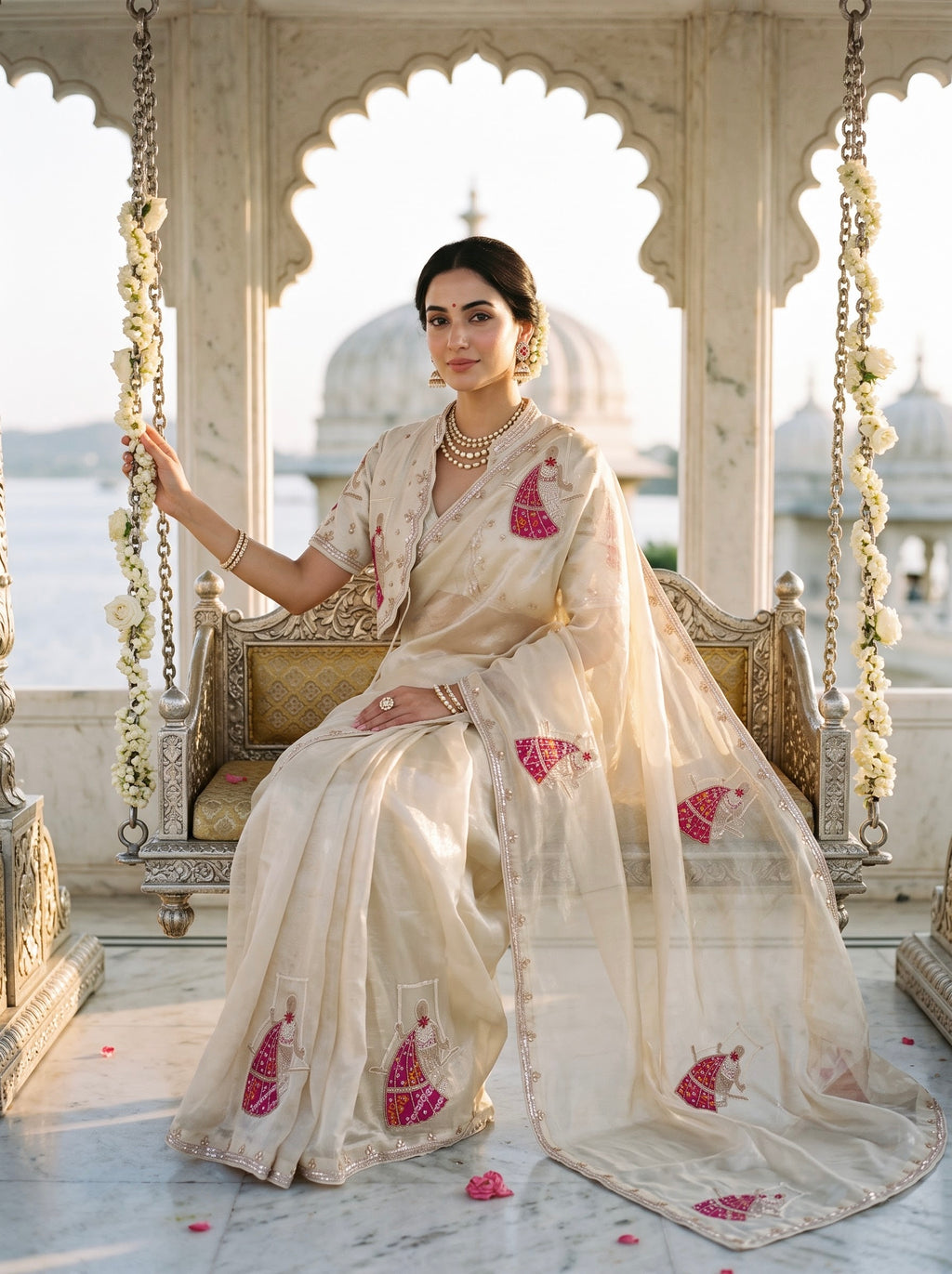 Ivory Organza Saree with Fuchsia Ghoomar Motif Embroidery