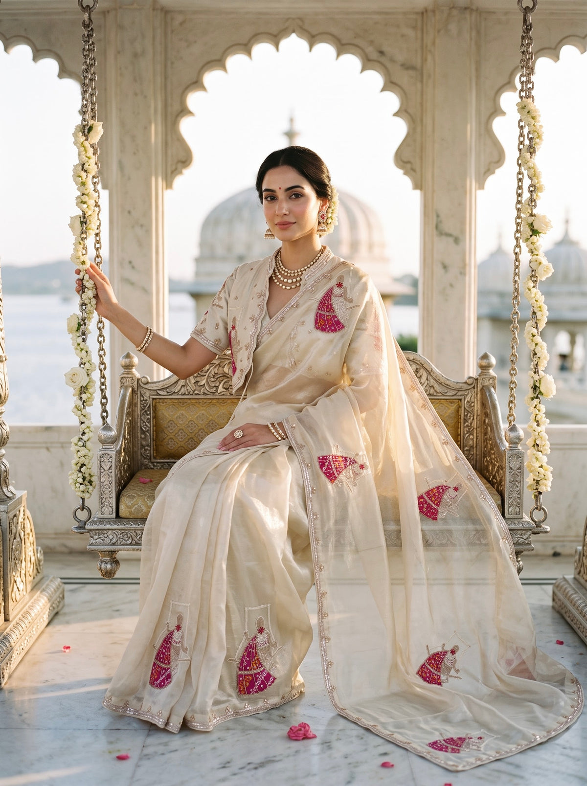 Ivory Organza Saree with Fuchsia Ghoomar Motif Embroidery