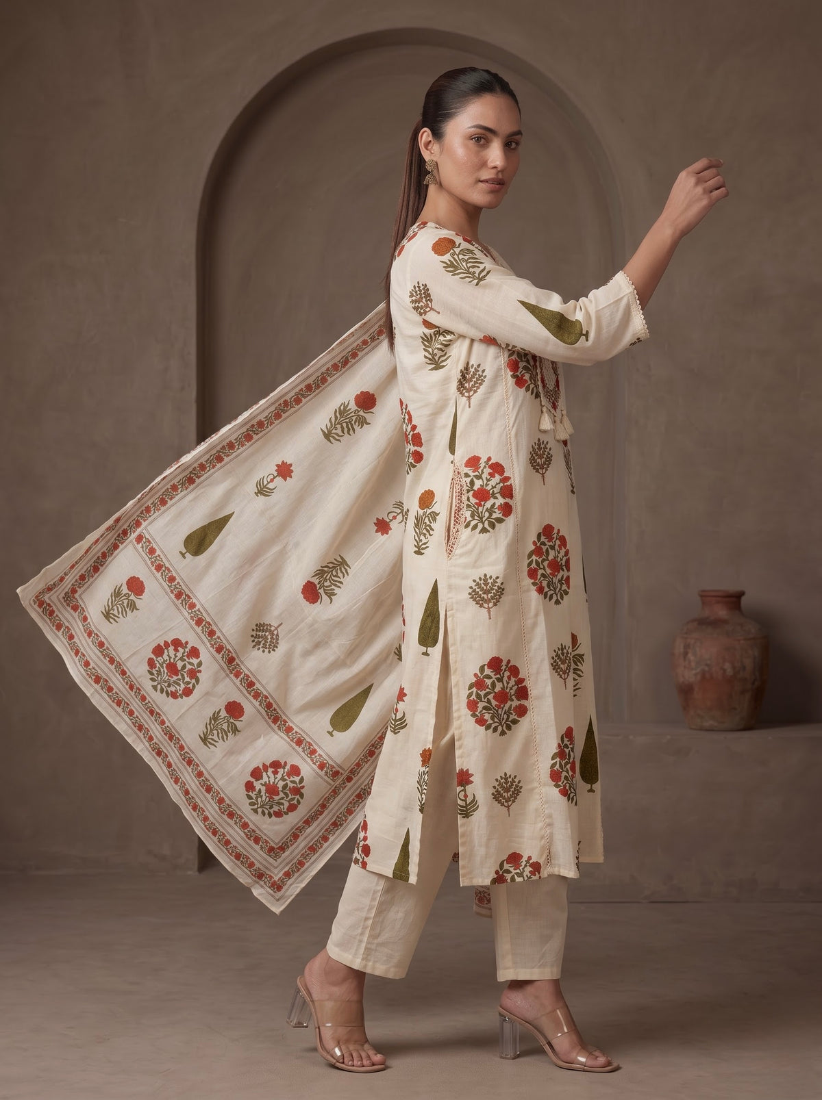 Ivory Mughal Floral Print Premium Cotton Kurta Set