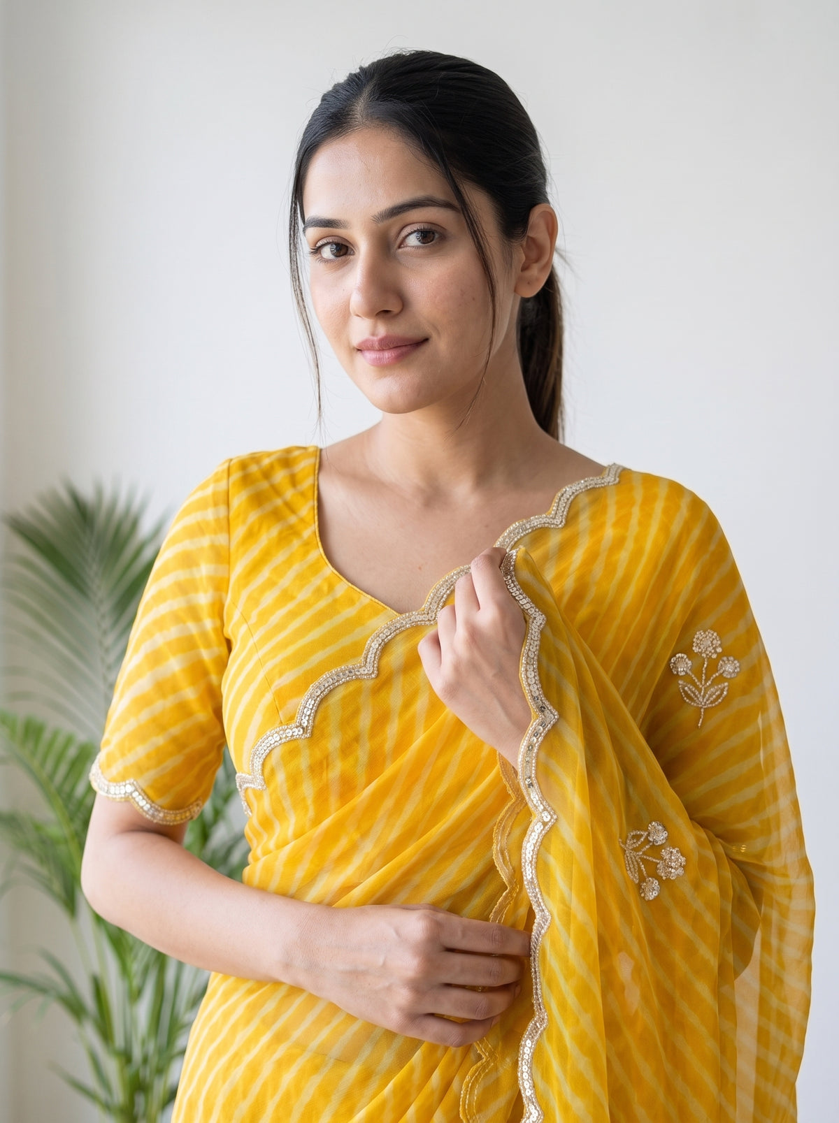Yellow Leheriya Georgette Saree with Pearl Work & Blouse Piece