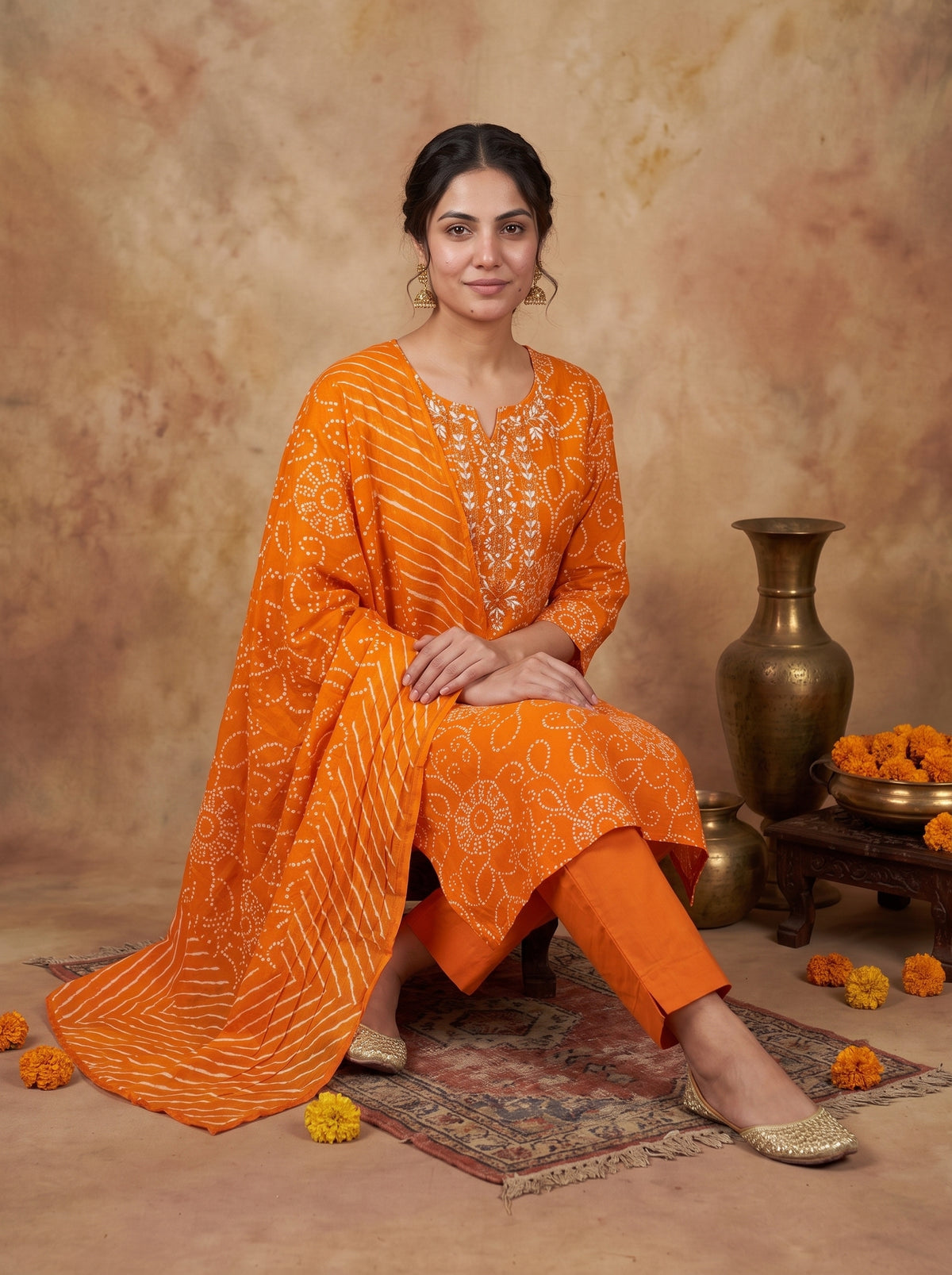 Orange Bandhani Printed Pure Cotton Kurta Set