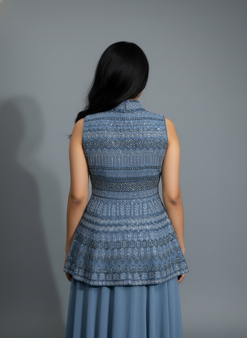 Dusty Blue Embroidered Peplum Top with Flowy Skirt Set – Indo-Western