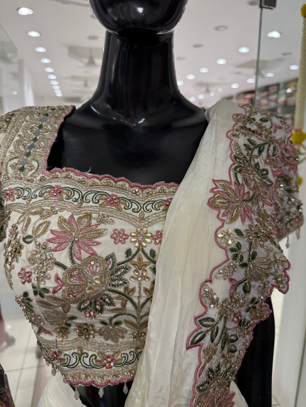 Cream Silk Saree with Heavy Embroidered Short-Sleeve Blouse
