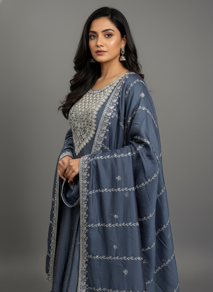 Aqua Grey Viscose Anarkali Suit Set with Sequin and Thread Work