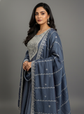 Aqua Grey Viscose Anarkali Suit Set with Sequin and Thread Work