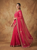 Rani Pink Leheriya Georgette Saree with Gold Zardozi Embroidered Border & Blouse Piece