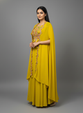 Mustard Yellow Georgette Lehenga Set with Floral Embroidered Cape – Haldi & Mehendi