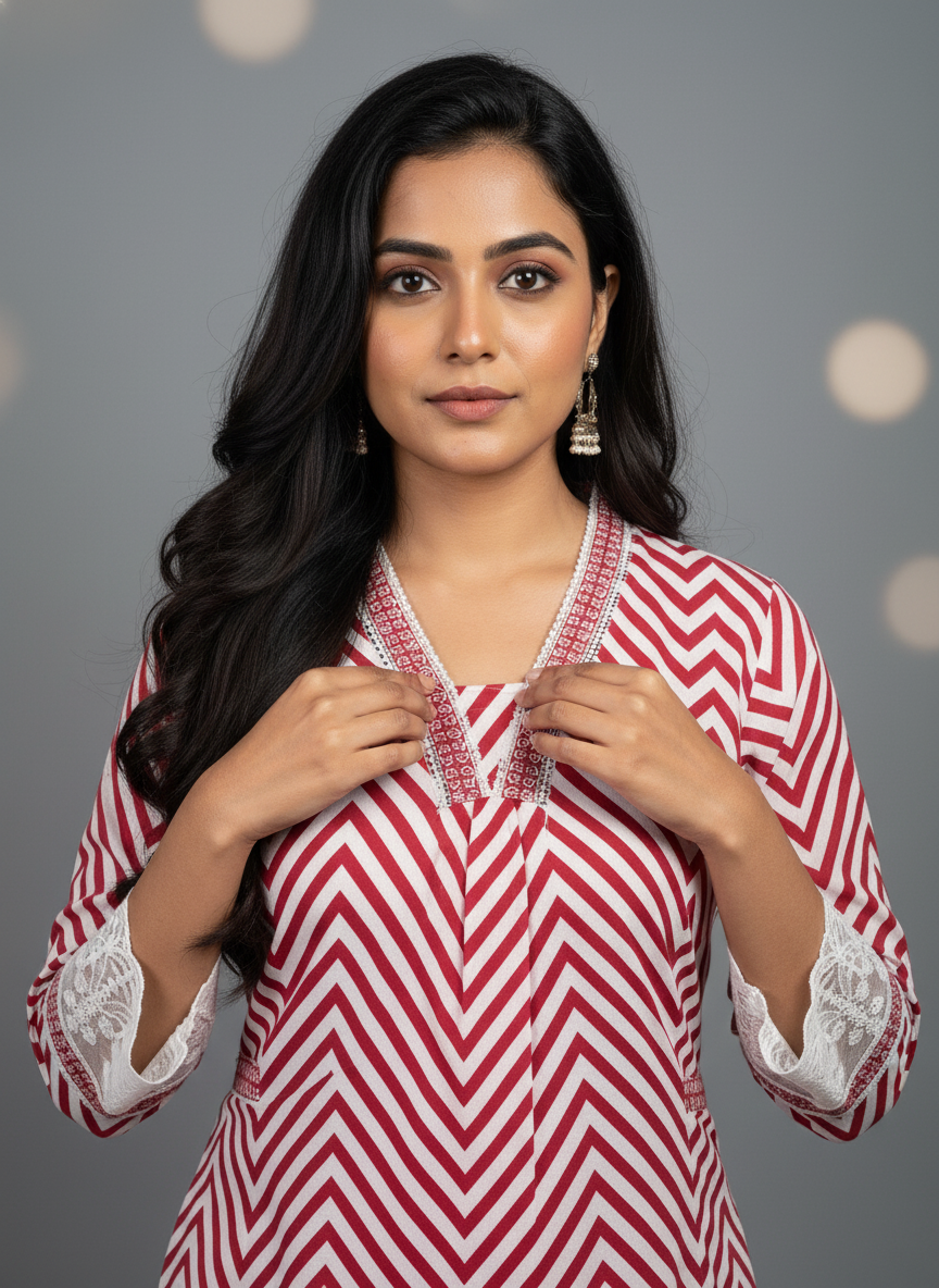 Maroon Chevron Lace Cotton Kurta Set for Women – Pure Cotton Daily Wear Suit