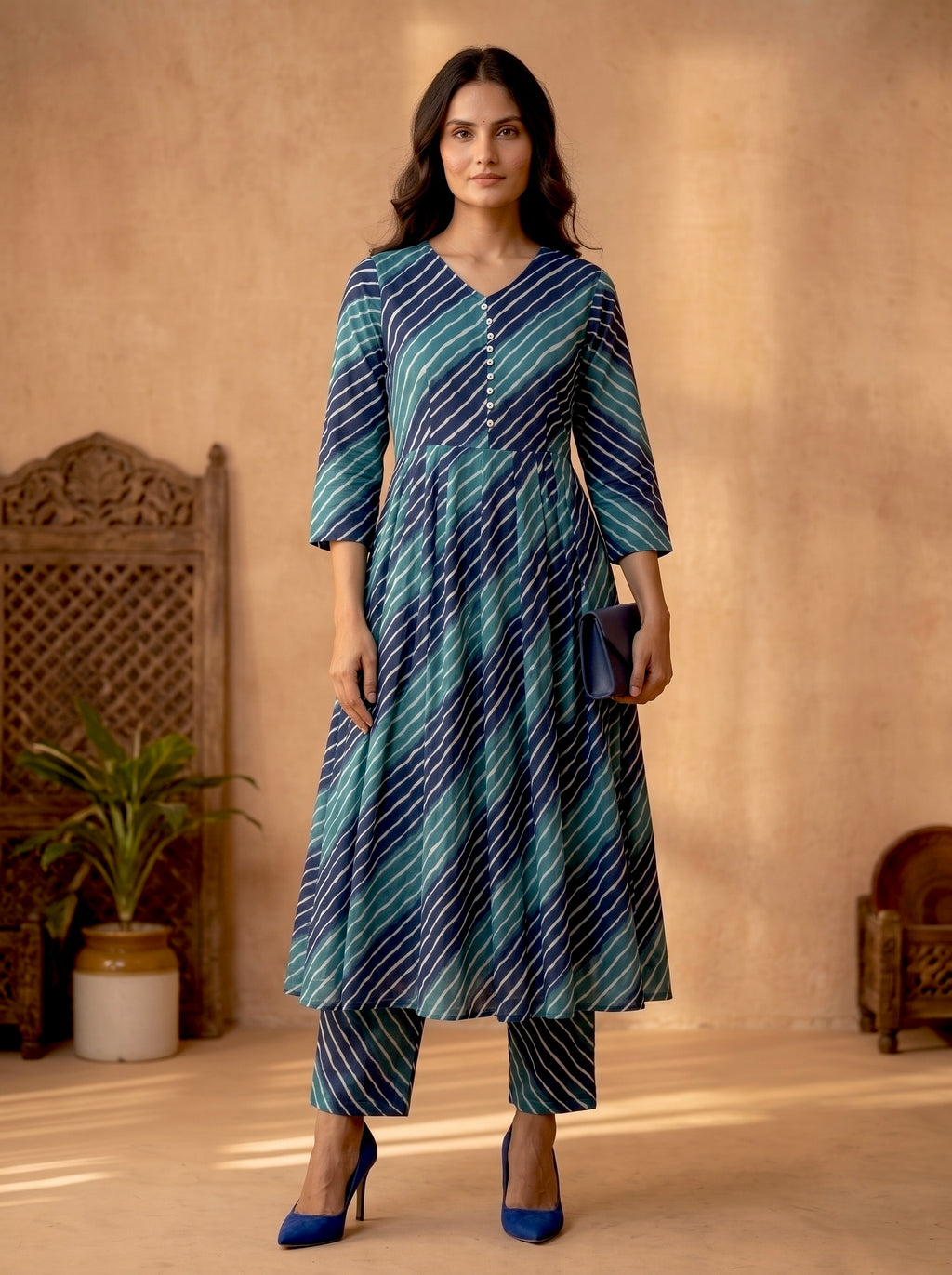 Blue Leheriya Printed Cotton Anarkali Set