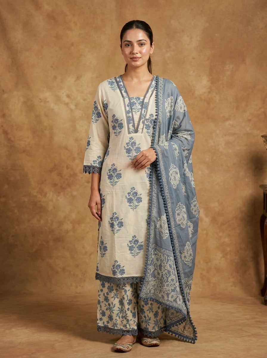 Ivory Blue Floral Block Print Cotton Kurta Set for Women – Straight Suit with Palazzo & Dupatta