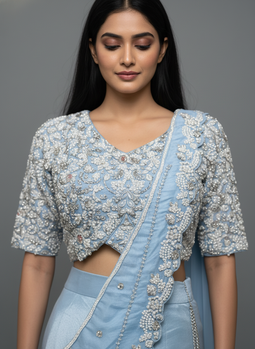 Icy Blue Sequined Blouse and Draped Skirt – Indo-Western Set