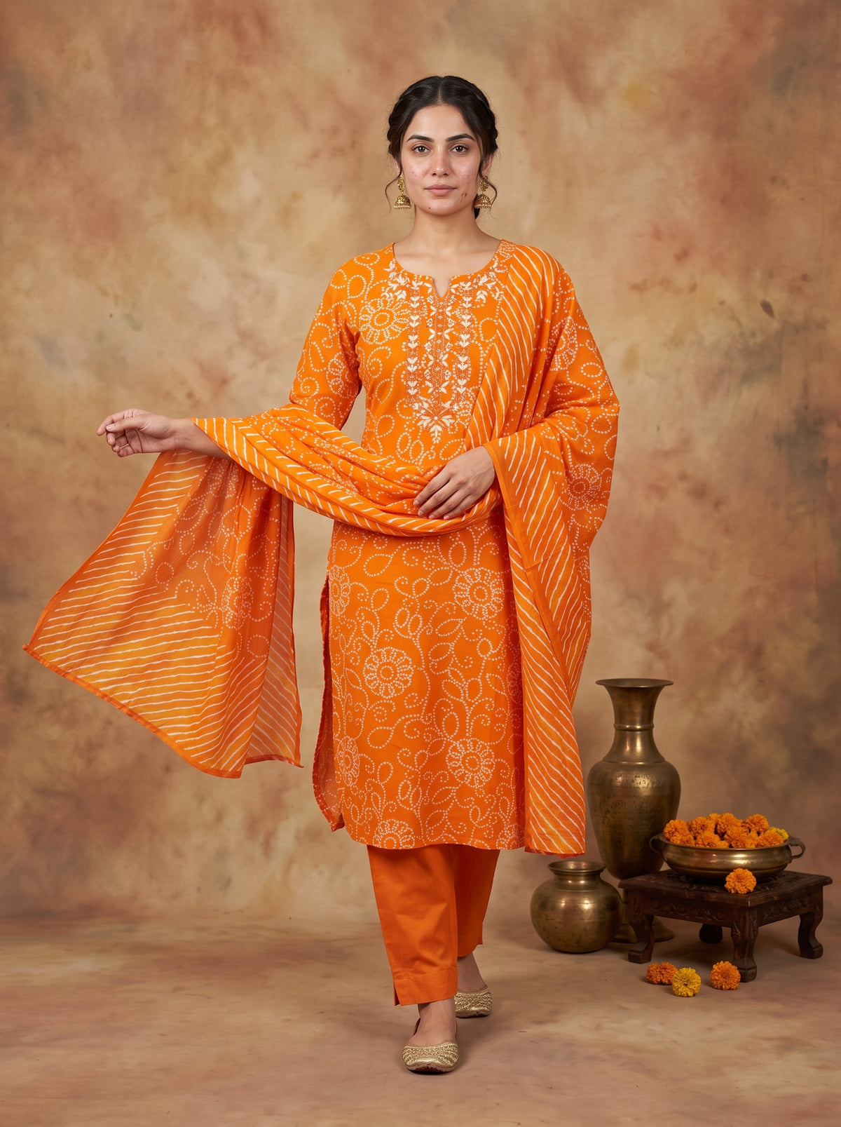 Orange Bandhani Printed Pure Cotton Kurta Set