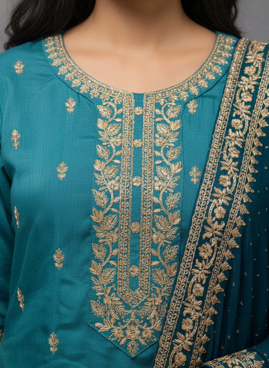 Firozee Straight-Cut Viscose Suit Set with Gold Zari Embroidery