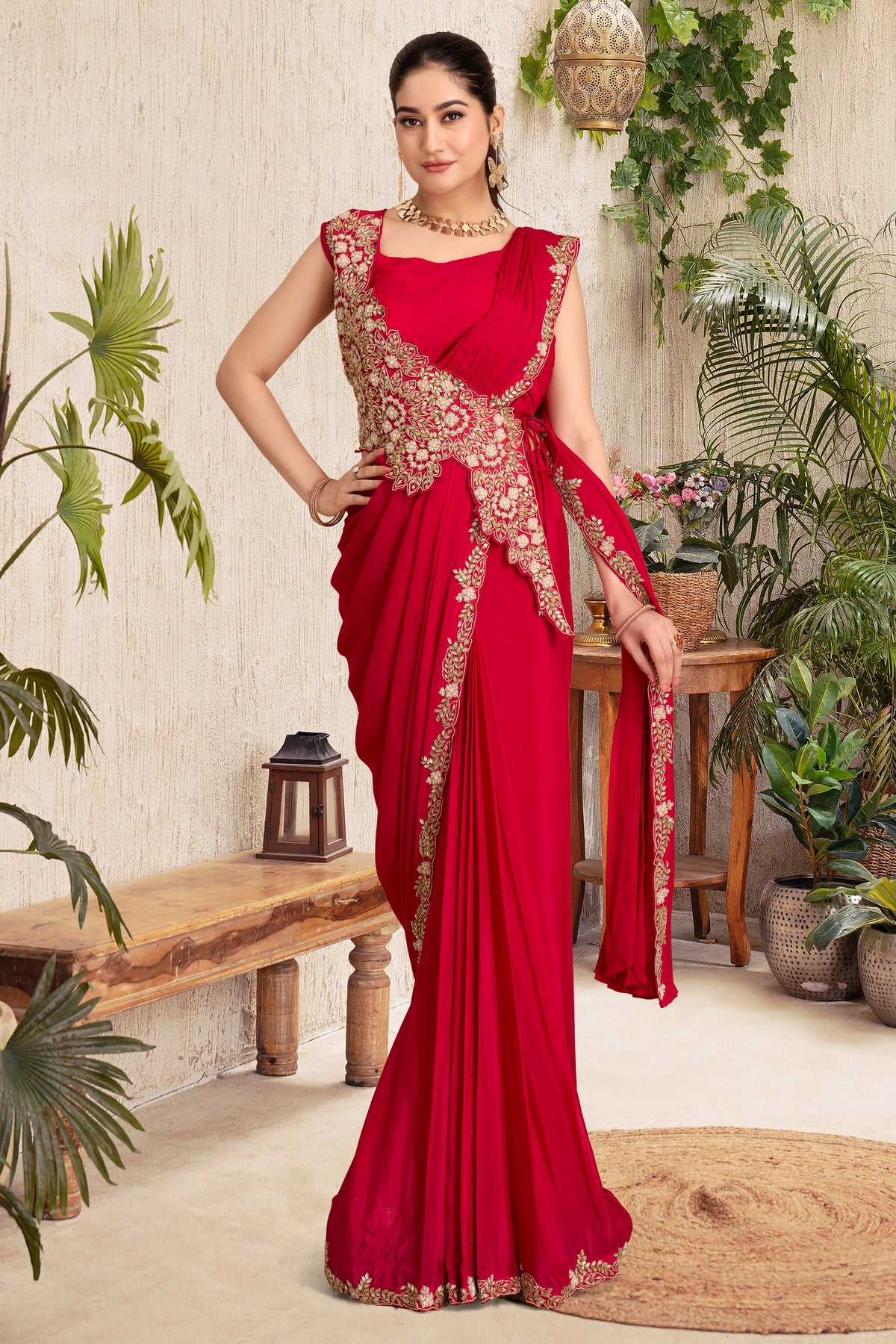 Scarlet Red Pre-Draped Saree Gown with Gold Embroidery