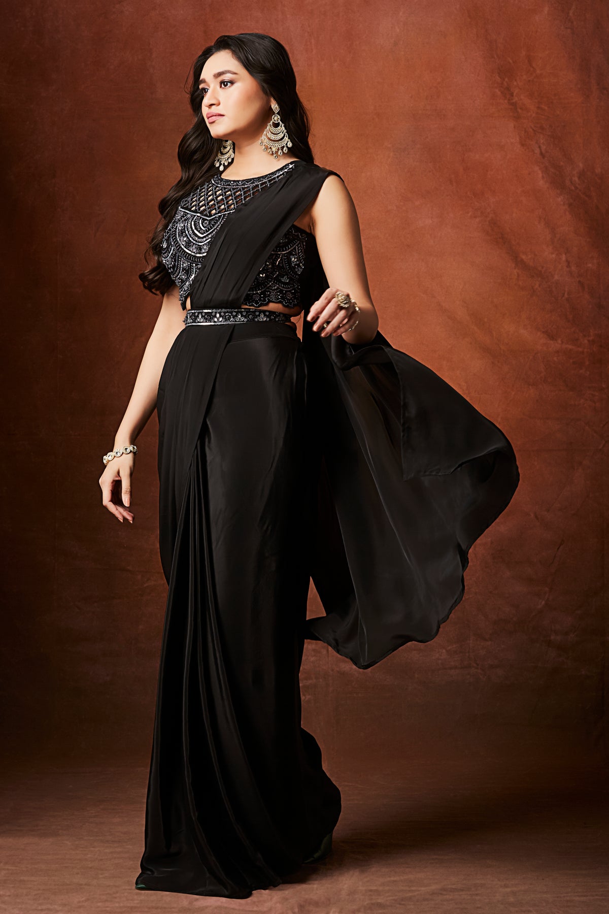 Midnight Glamour Pre-Draped Sequin Saree – Black Cocktail Wear