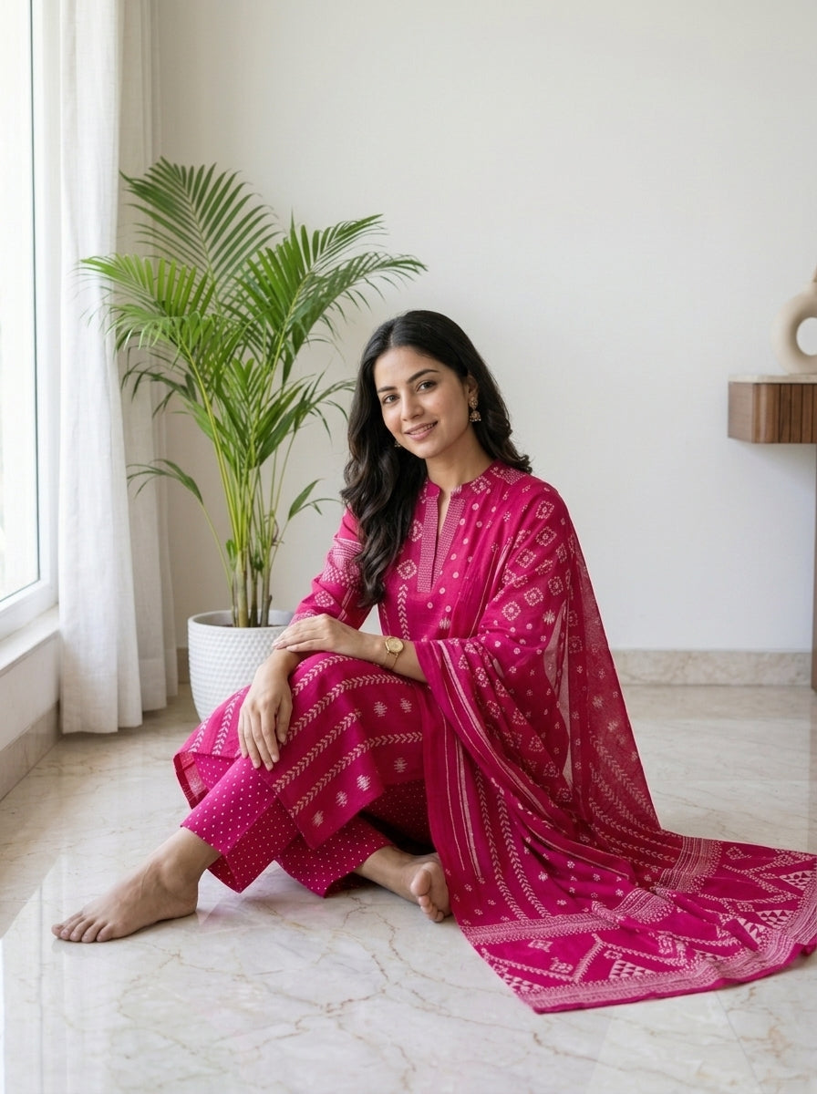Rani Pink Ikat Print Cotton Kurta Pant Set with Dupatta