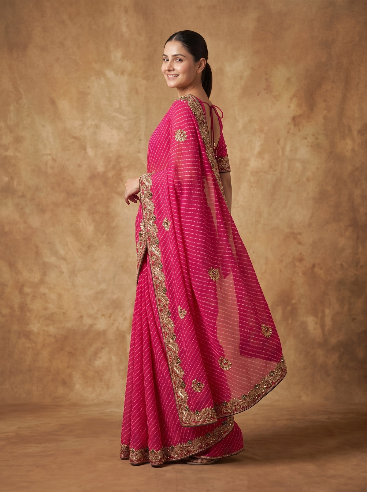 Rani Pink  Leheriya Georgette Saree with Gold Embroidered Border & Blouse Piece