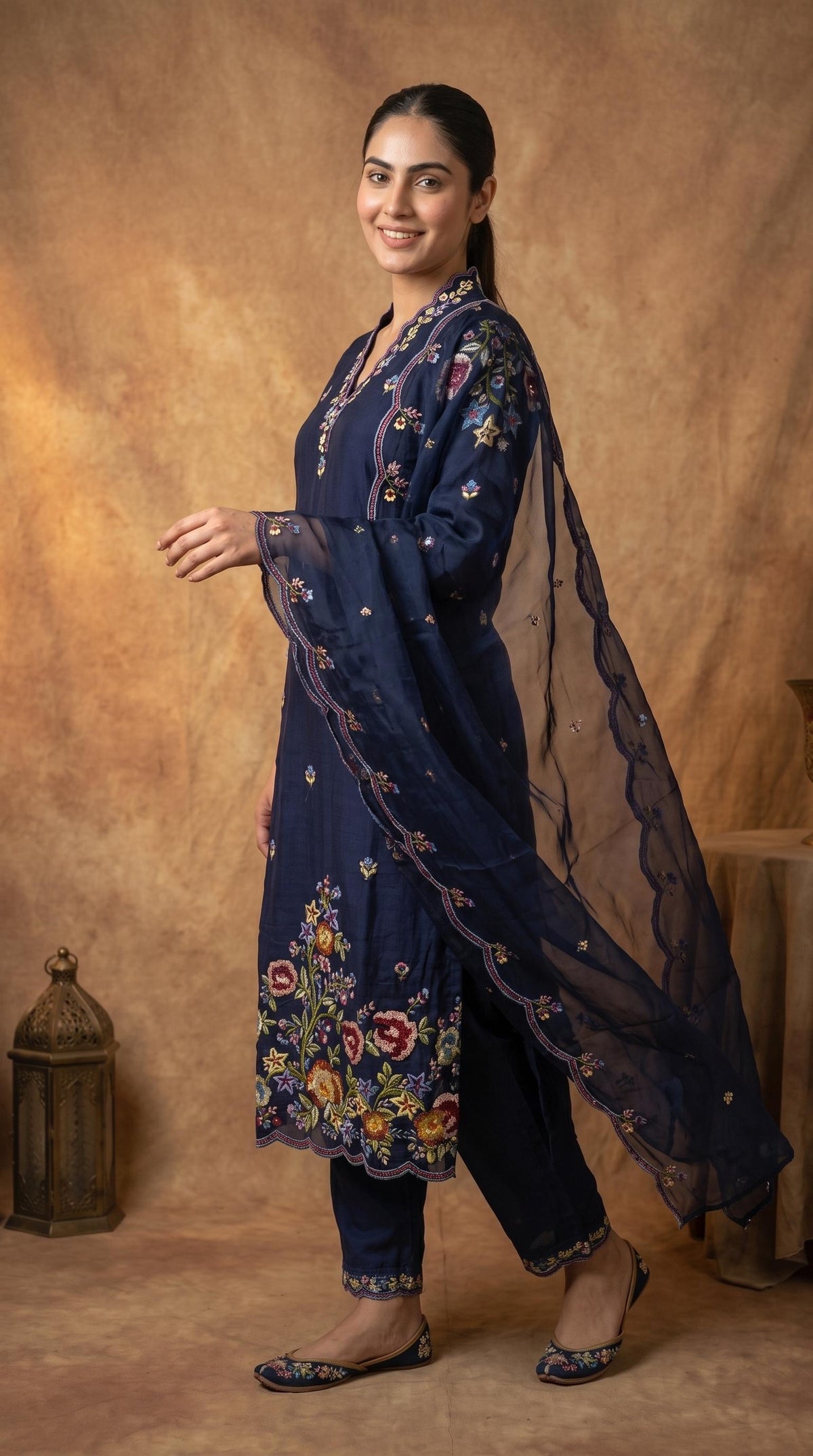Navy Blue Embroidered Suit Set with Organza Dupatta | Label RS
