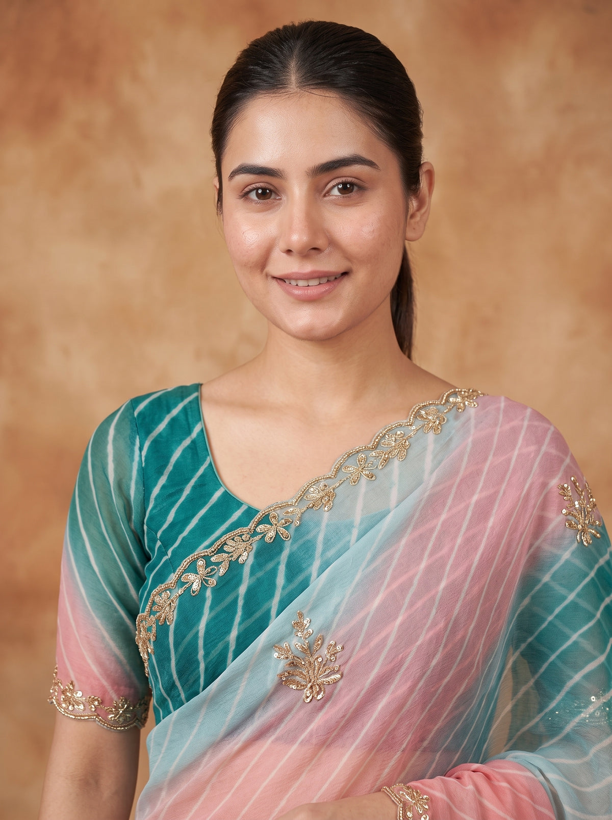 Teal Blue & Pink Leheriya Georgette Saree with Kat Dana Work & Blouse Piece