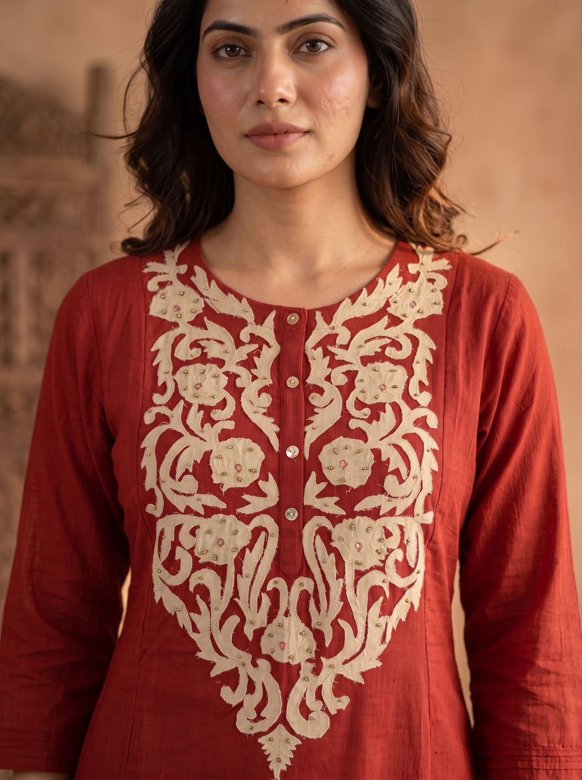 Rust Red Aari Embroidered Cotton Kurta Pant Set