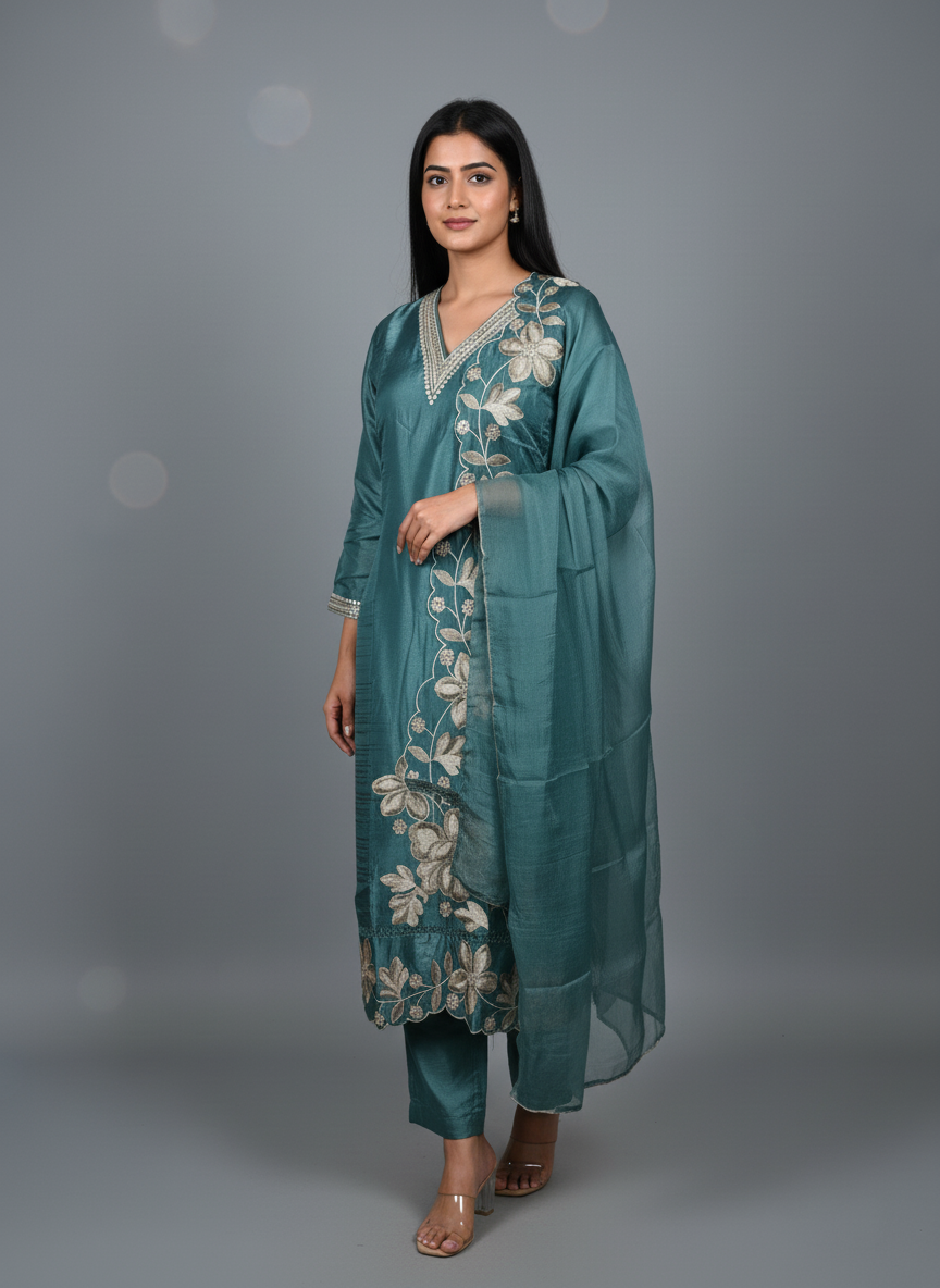 Teal Silk Floral Embroidered Suit Set – Festive Three-Piece