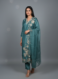 Teal Silk Floral Embroidered Suit Set – Festive Three-Piece
