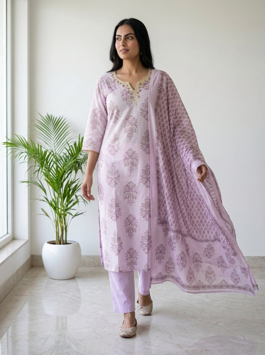 Lilac Block Print Cotton Kurta Pant Set with Dupatta