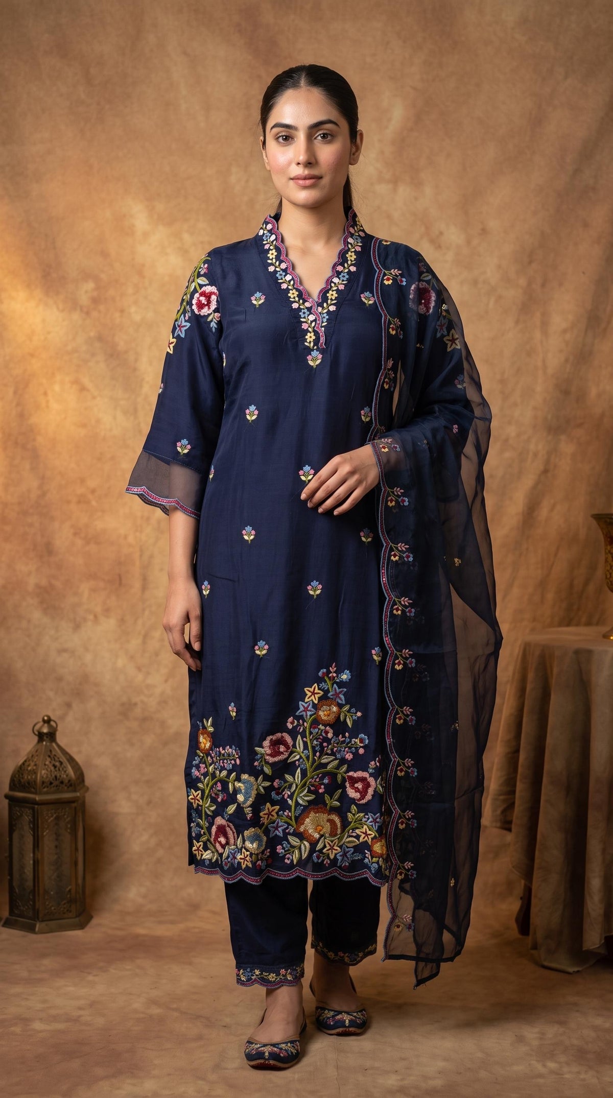 Navy Blue Embroidered Suit Set with Organza Dupatta | Label RS