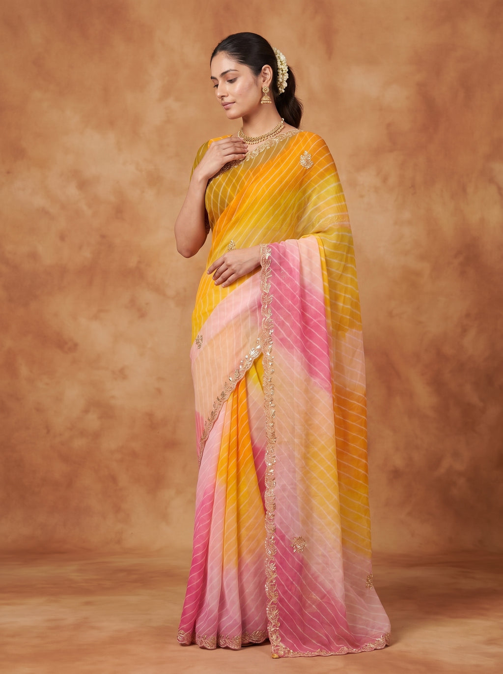 Yellow & Pink Leheriya Georgette Saree with Kat Dana Work & Blouse Piece