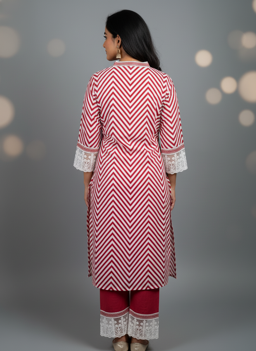 Maroon Chevron Lace Cotton Kurta Set for Women – Pure Cotton Daily Wear Suit