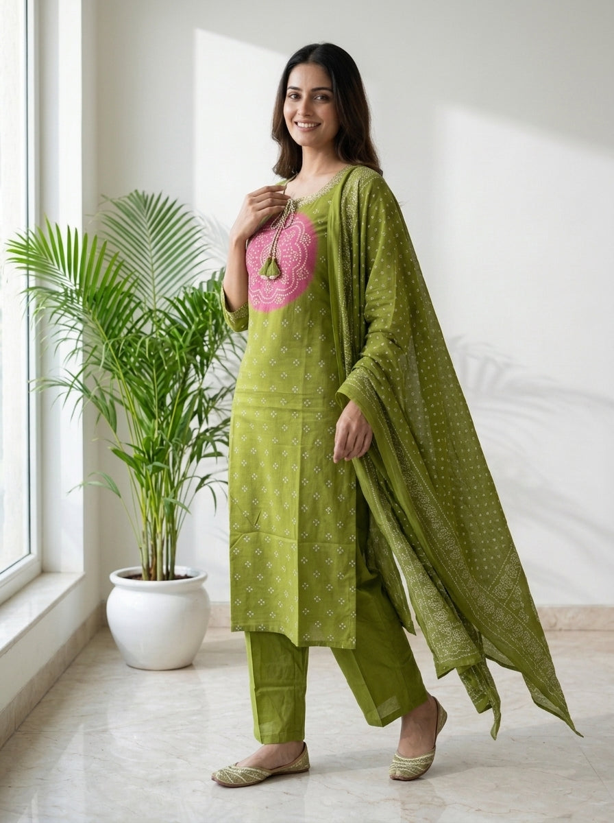 Mehndi Green Bandhani Print Cotton Kurta Pant Set with Dupatta