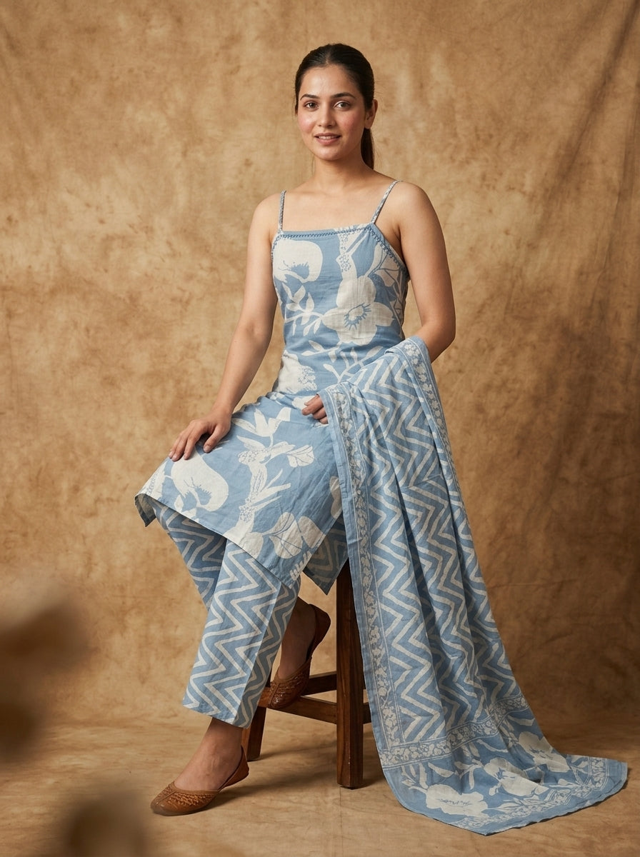 Blue Floral Print Cotton Sleeveless Kurta Set for Women – Straight Suit with Dupatta